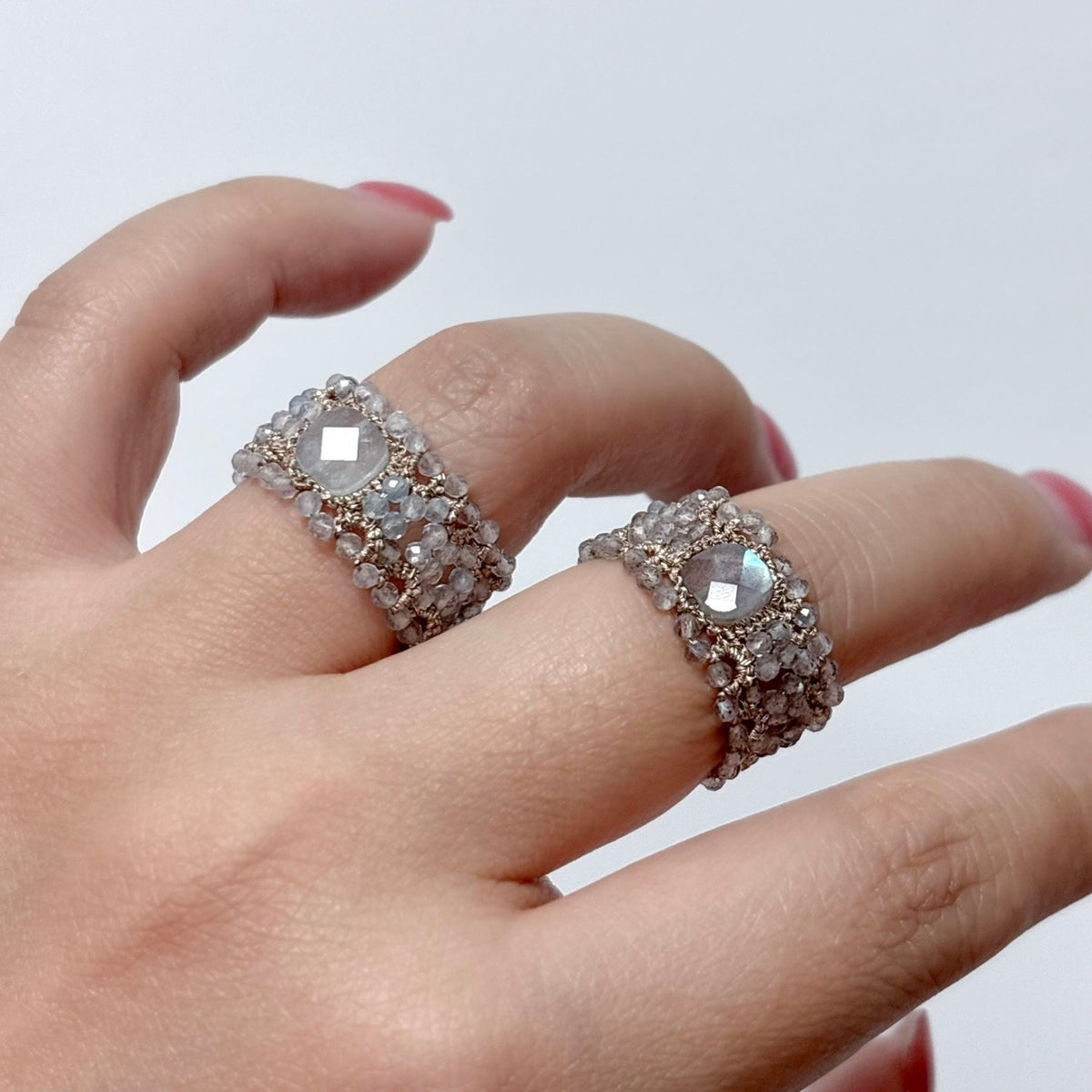 Handmade lace tatting beaded rings with natural gemstones labradorite