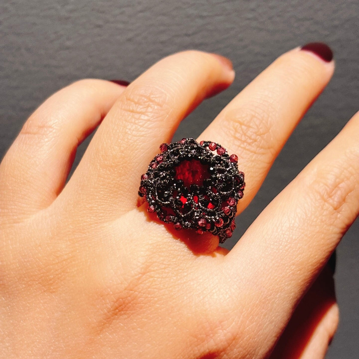 Handmade shuttle tatting beaded ring with dongzhou diamond,natural gemstone,zircon