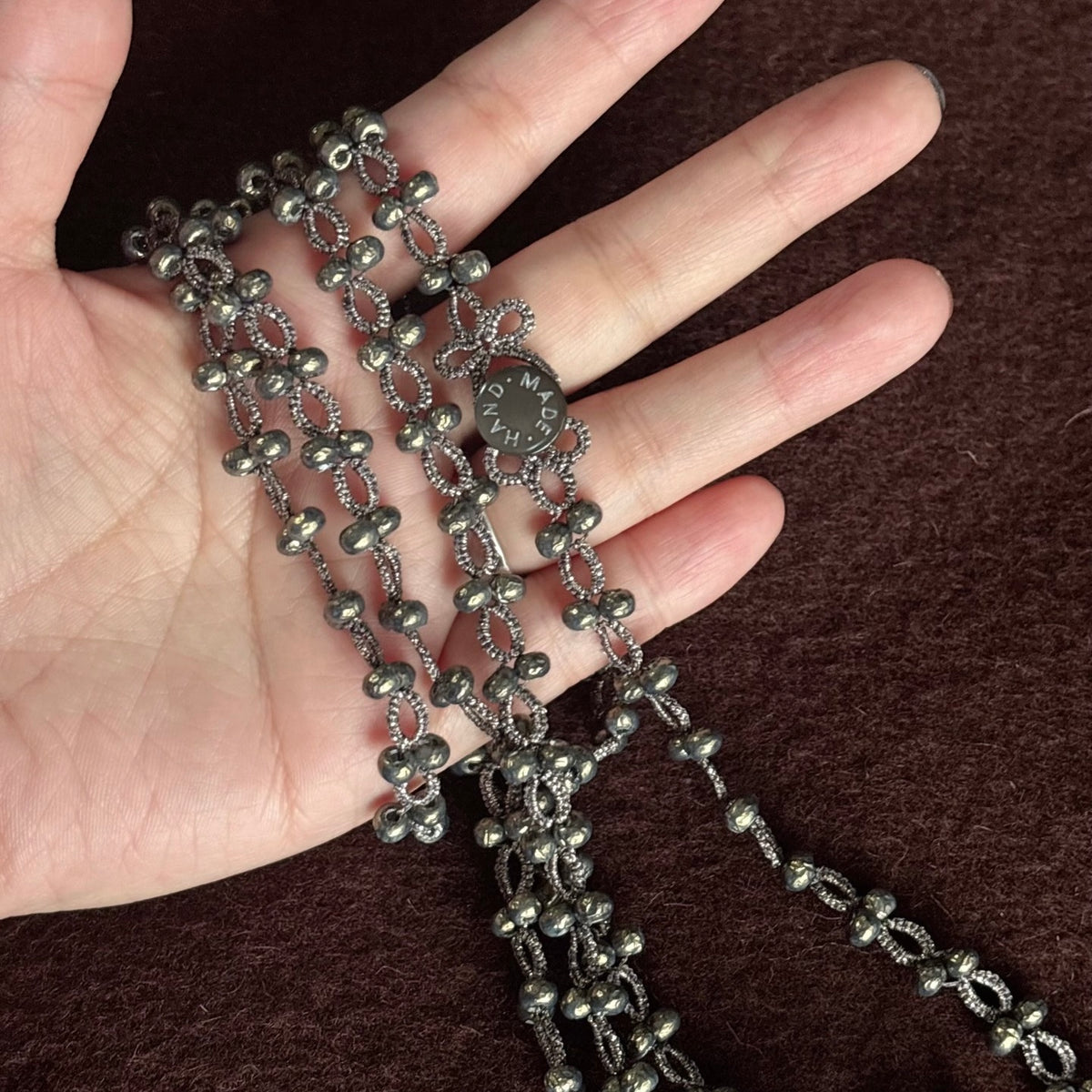 Handmade lace tatting beaded long necklace sweater chain with baroque imitation pearls