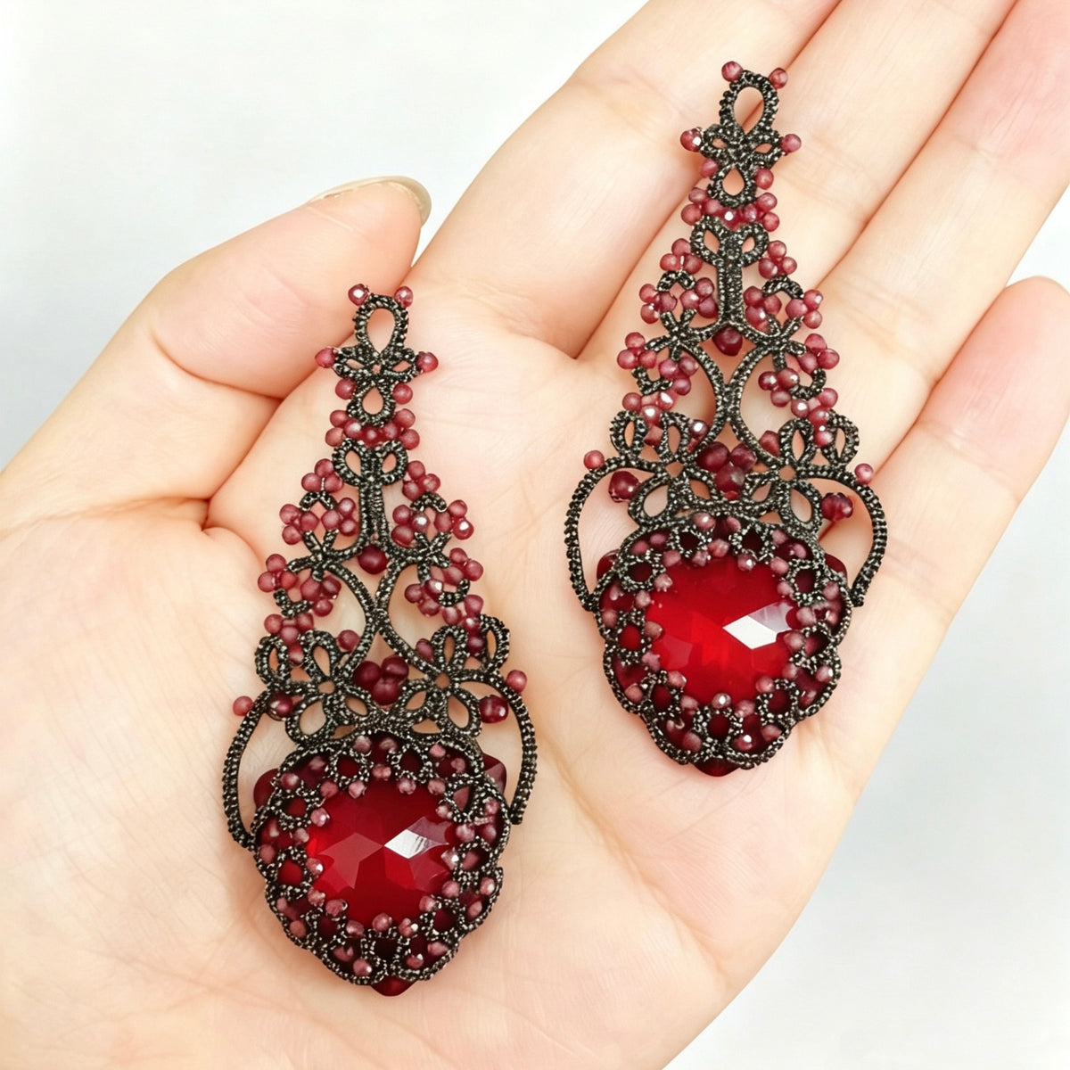 Handmade shuttle tatting beaded earrings with dongzhou diamond,natural gemstone garnet,s925 silver hooks