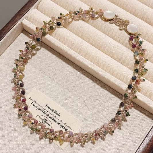 Handmade lace tatting beaded necklace with natural gemstone tourmaline