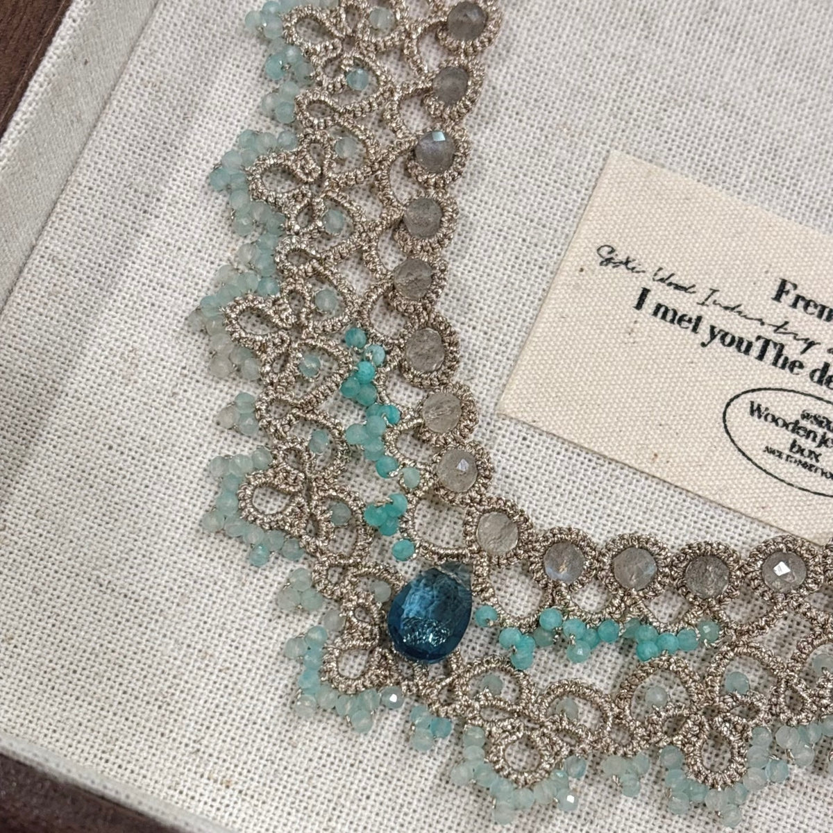 Handmade lace tatting beaded necklace with natural gemstone labradorite,amazonite