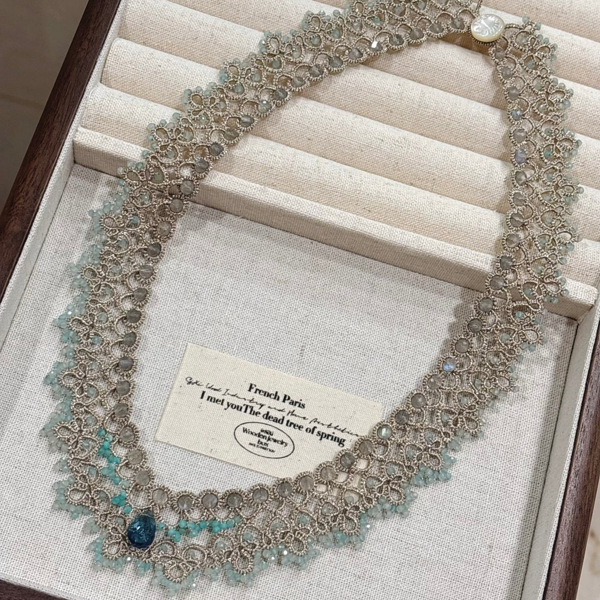 Handmade lace tatting beaded necklace with natural gemstone labradorite,amazonite