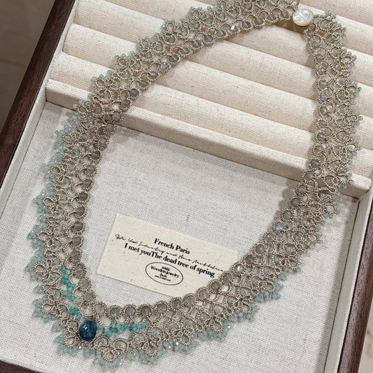 Handmade lace tatting beaded necklace with natural gemstone labradorite,amazonite