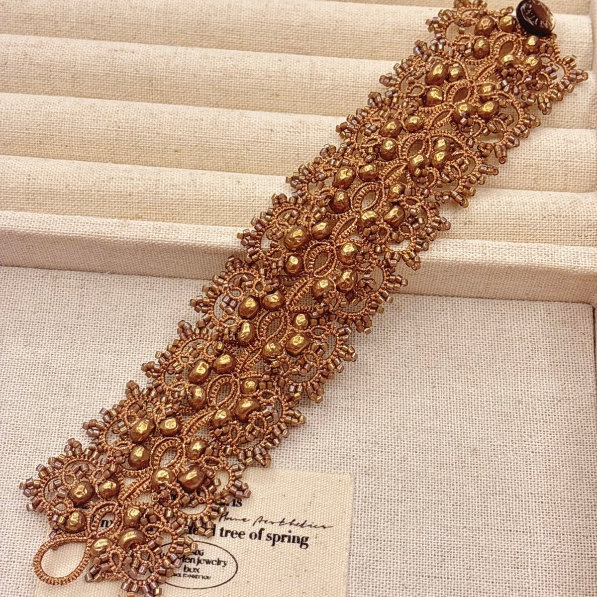 Handmade lace tatting beaded bracelet with baroque imitation pearls, antique beads