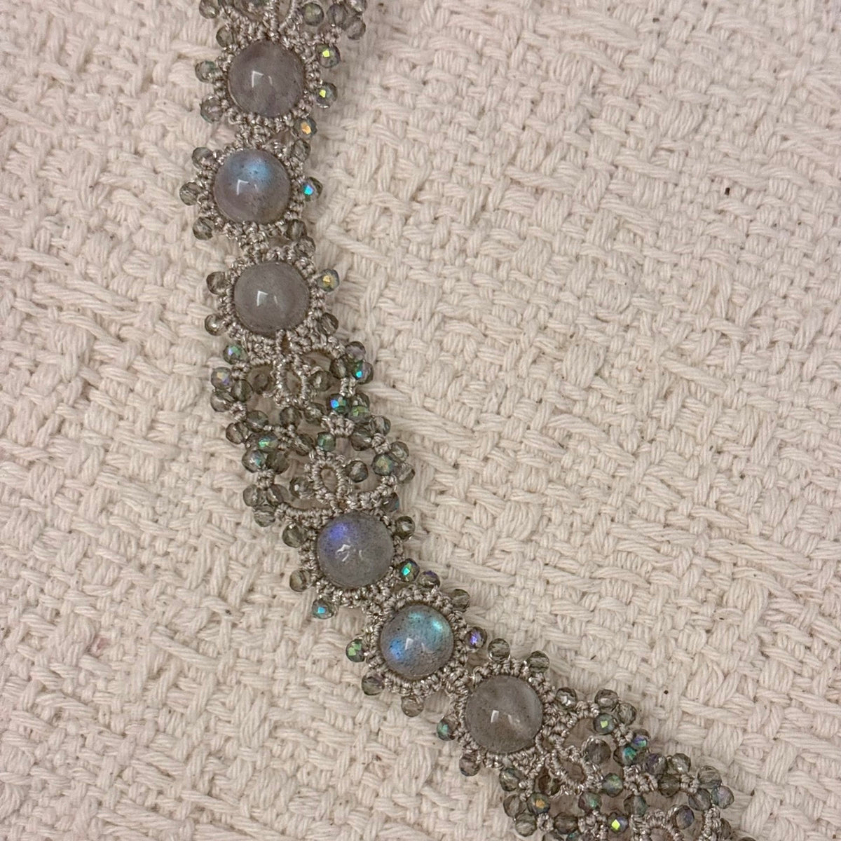 Handmade lace tatting beaded long pendant necklace with natural gemstone labradorite,aquamarine,swarovski pearls