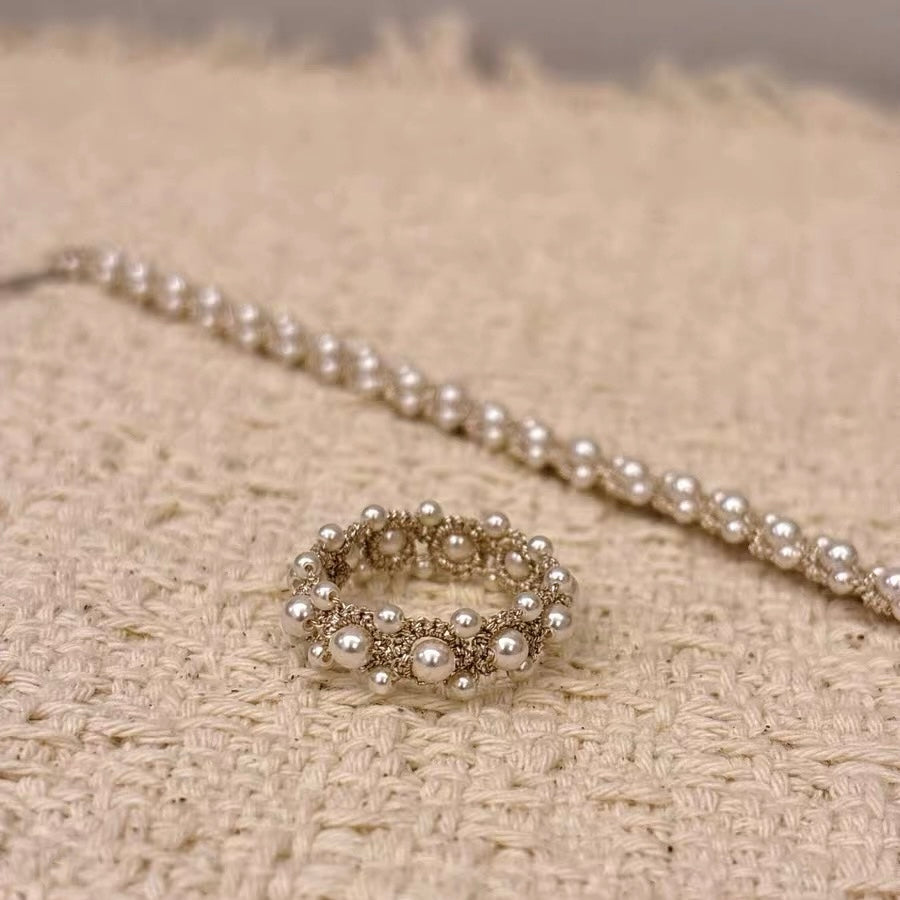 Handmade lace tatting beaded ring+bracelet with Swarovski pearls