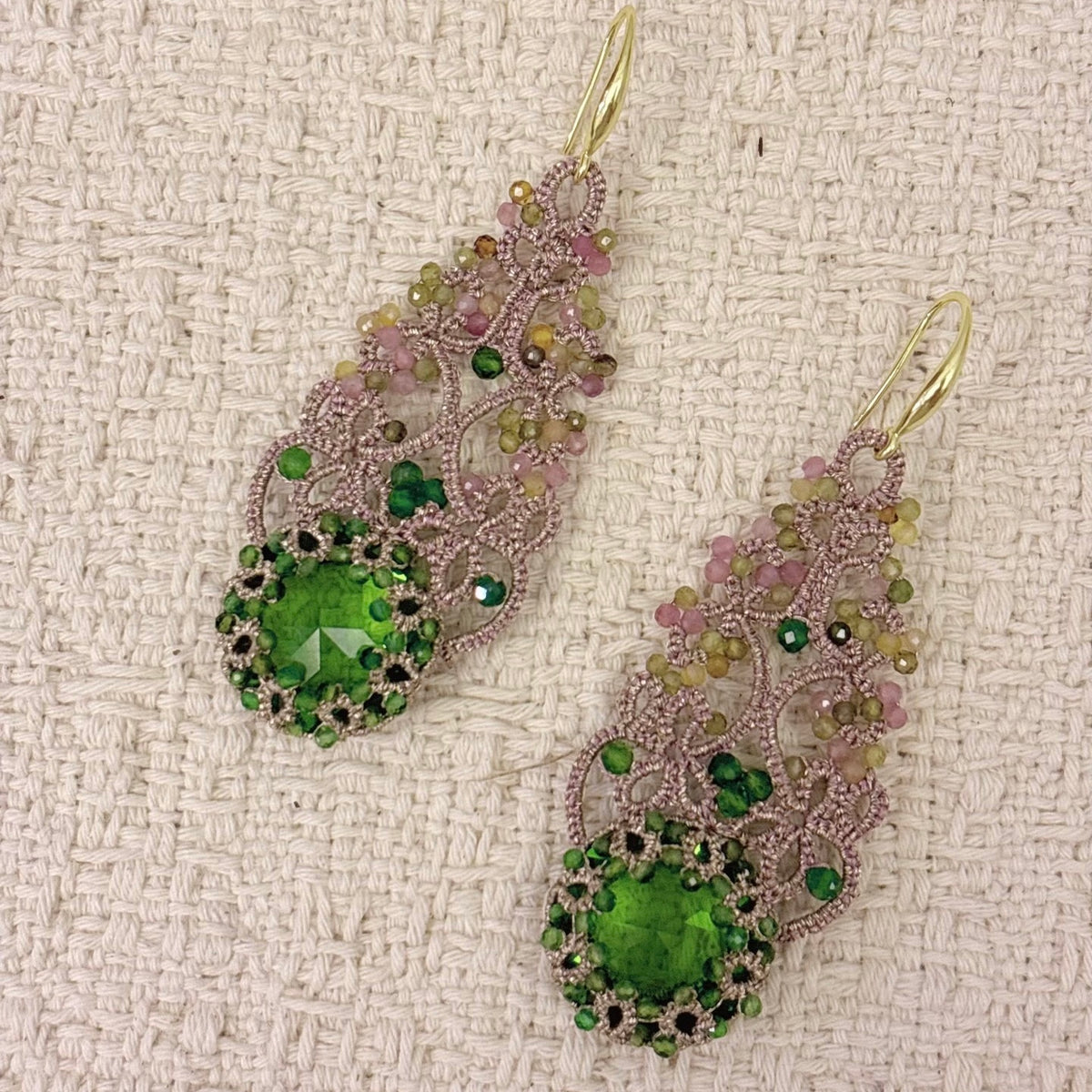 Handmade lace tatting beaded earrings with dongzhou diamond,natural gemstone tourmaline,diopside,s925 silver hooks