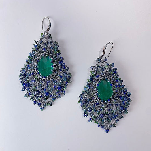 Handmade lace tatting beaded earrings with dongzhou diamond,lapis,chrysocolla,s925 silver hooks