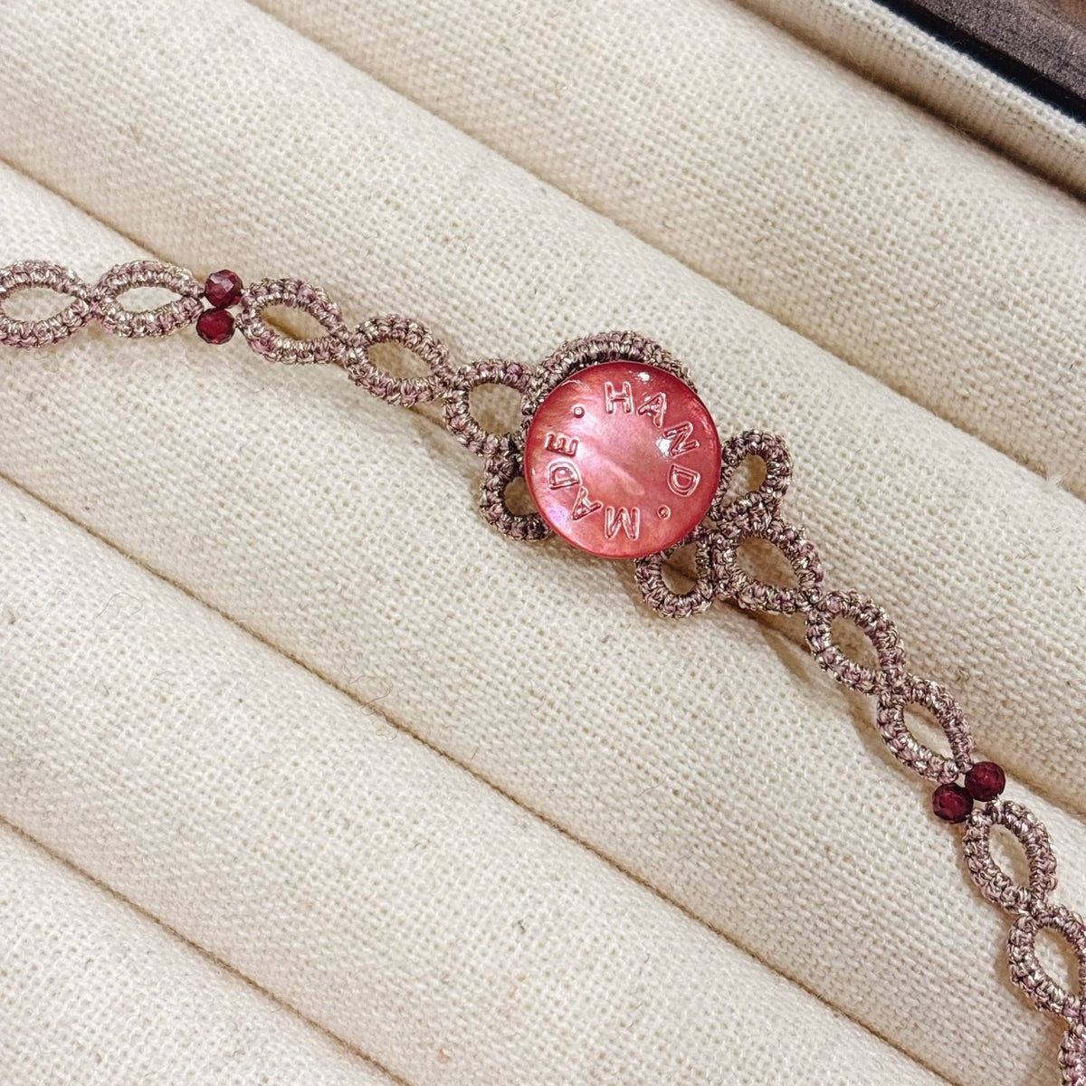 Handmade lace tatting beaded pendant necklace with natural gemstone garnet,ruby