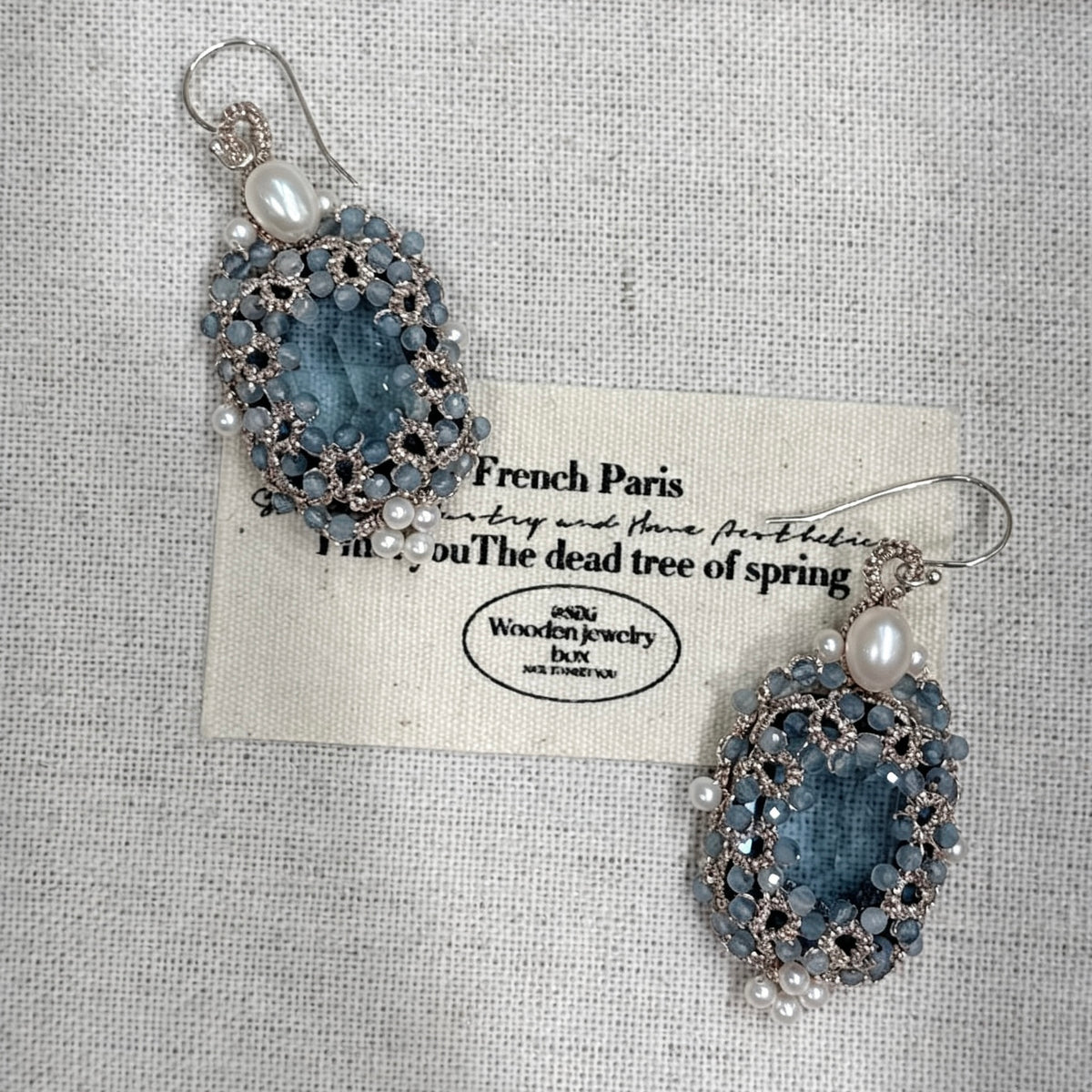 Handmade lace tatting beaded earrings with natural gemstone aquamarine,freshwater pearls,dongzhou diamond,s925 silver hooks