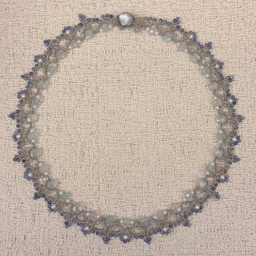 Handmade lace tatting beaded necklace with natural freshwater pearls,aquamarine,kyanite