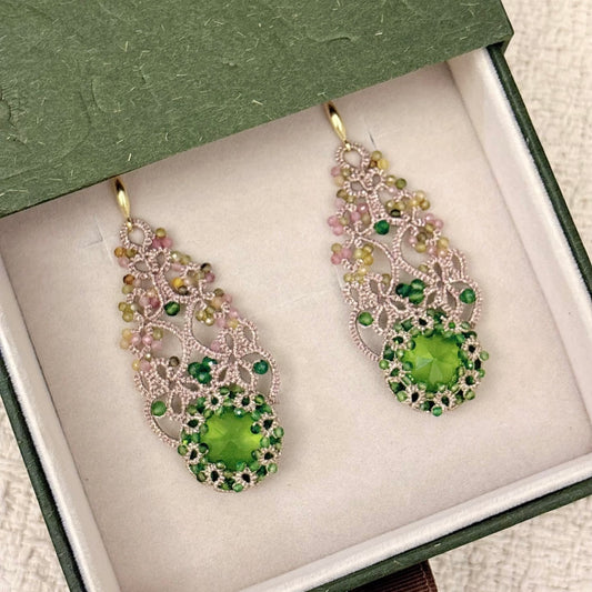 Handmade lace tatting beaded earrings with dongzhou diamond,natural gemstone tourmaline,diopside,s925 silver hooks