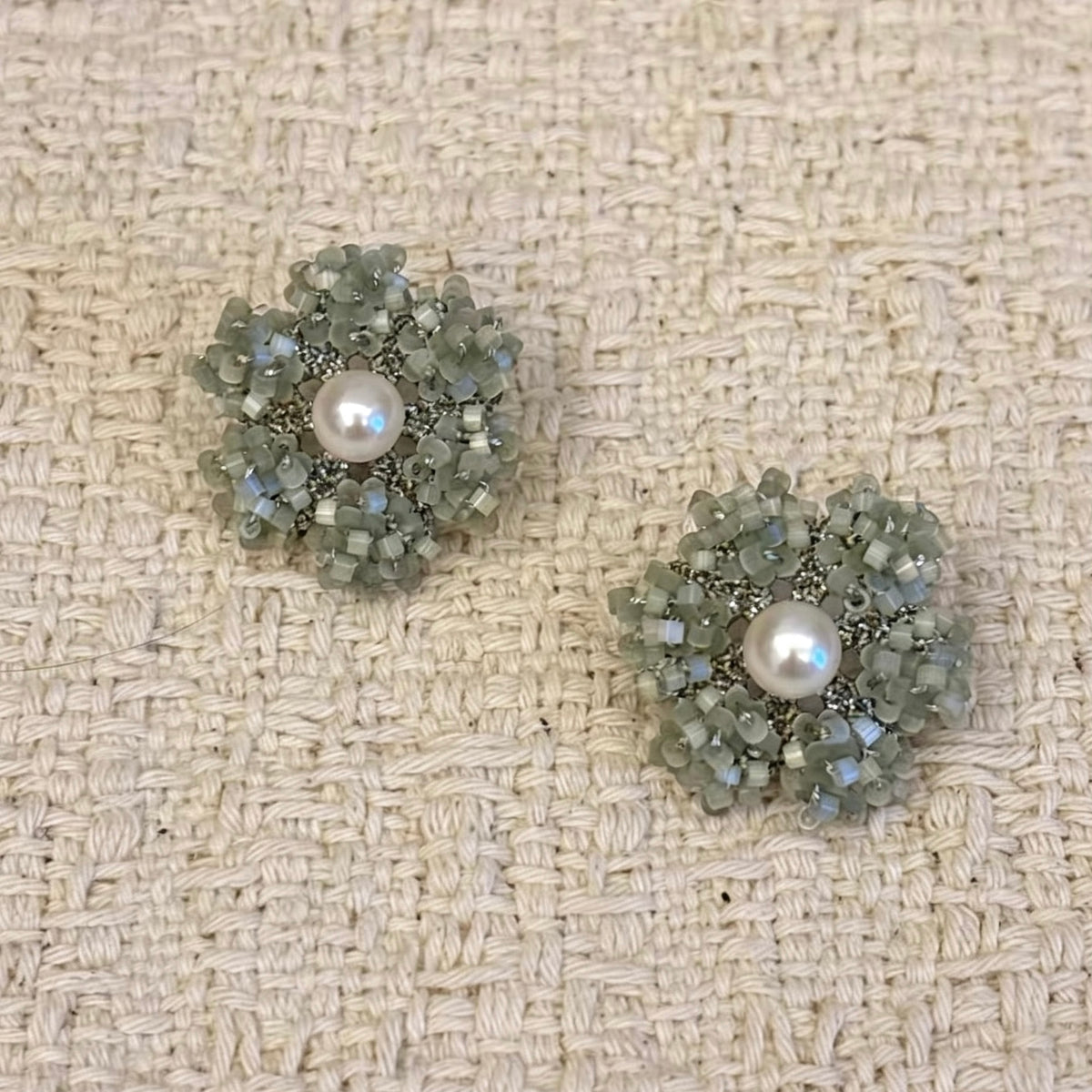 Handmade lace tatting beaded flower earrings with natural freshwater pearl,antique beads,s925 silver hooks