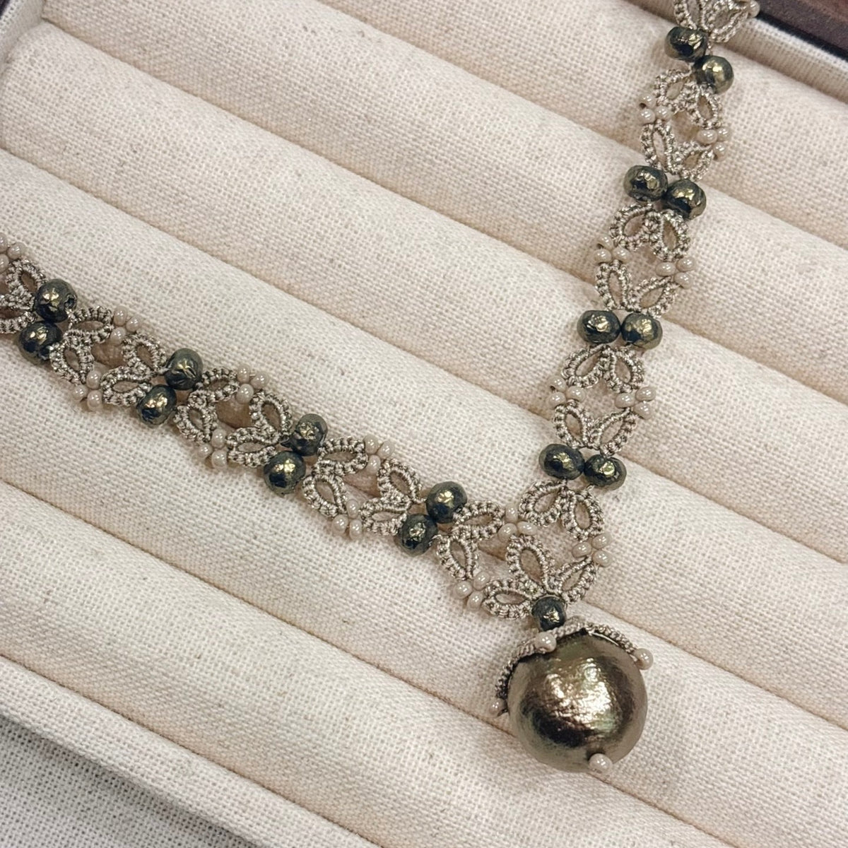 Handmade lace tatting long pendant necklace sweater chain with baroque imitation pearls,seed beads