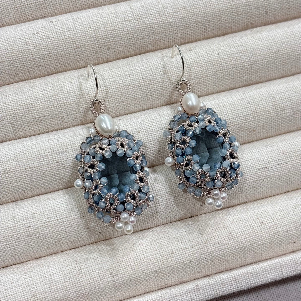 Handmade lace tatting beaded earrings with natural gemstone aquamarine,freshwater pearls,dongzhou diamond,s925 silver hooks