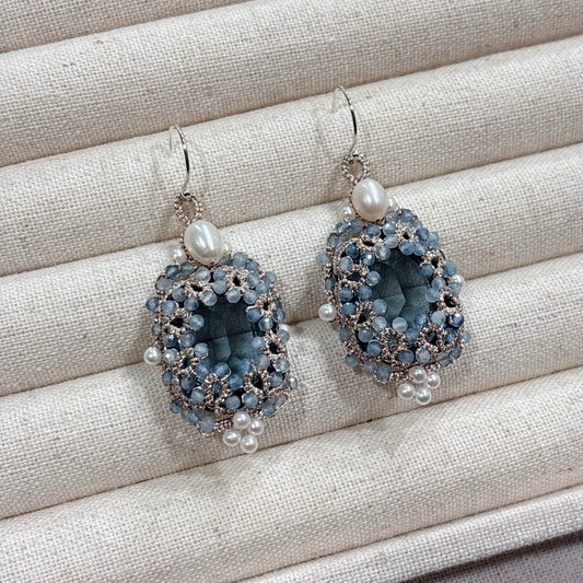 Handmade lace tatting beaded earrings with natural gemstone aquamarine,freshwater pearls,dongzhou diamond,s925 silver hooks