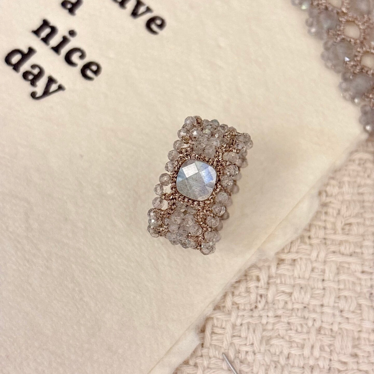 Handmade lace tatting beaded rings with natural gemstones labradorite