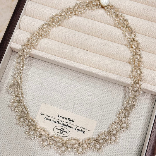 Handmade lace tatting beaded necklace with natural freshwater pearls