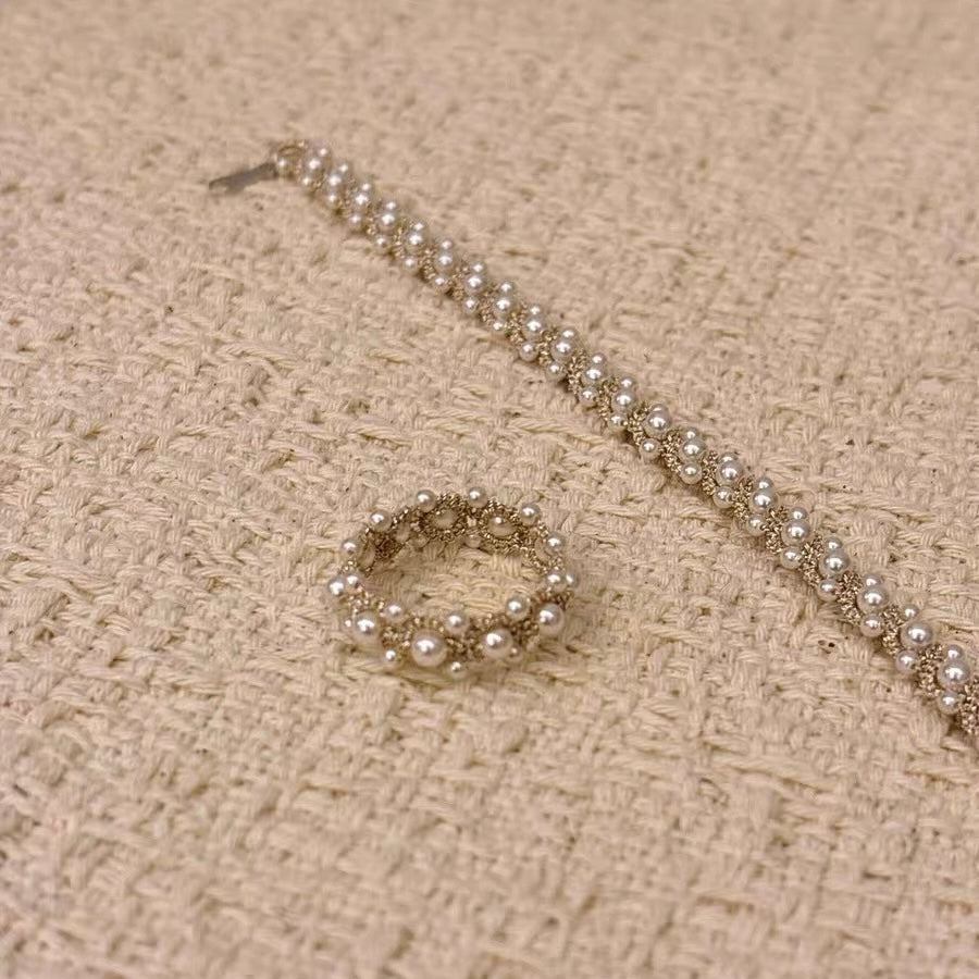 Handmade lace tatting beaded ring+bracelet with Swarovski pearls