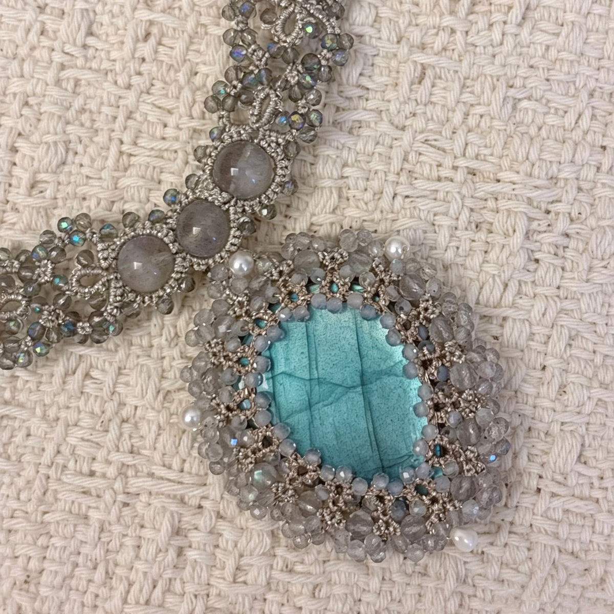 Handmade lace tatting beaded long pendant necklace with natural gemstone labradorite,aquamarine,swarovski pearls