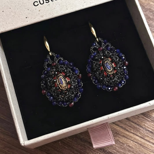 Handmade lace tatting beaded earrings with colored glaze,natural black spinel,blue-vein stone,garnet,s925 silver hooks