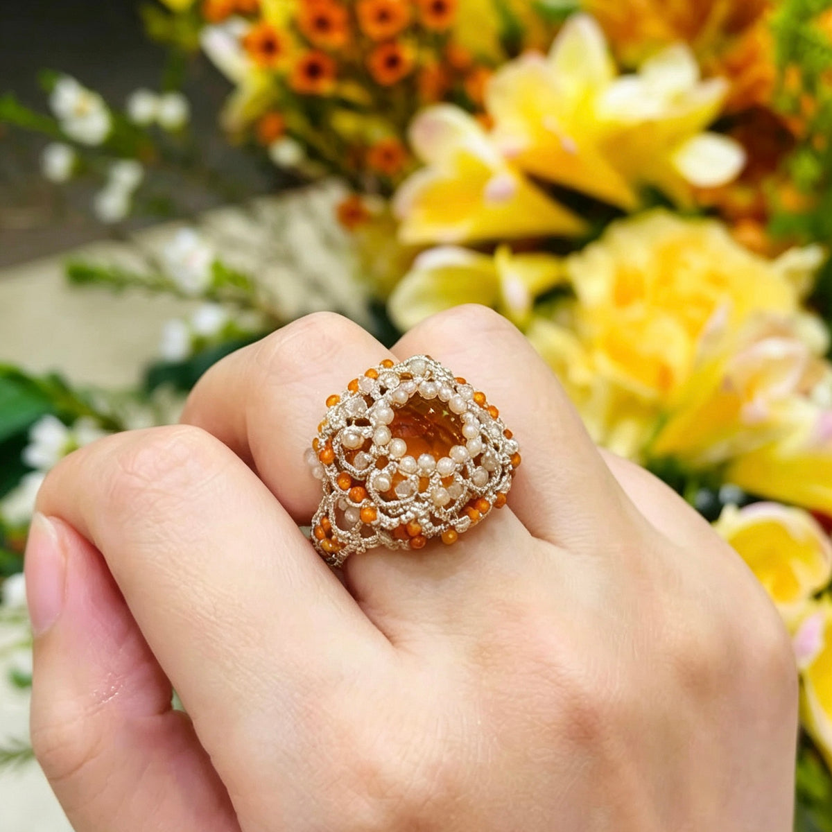 Handmade shuttle tatting beaded ring with dongzhou diamond,natural gemstone,zircon