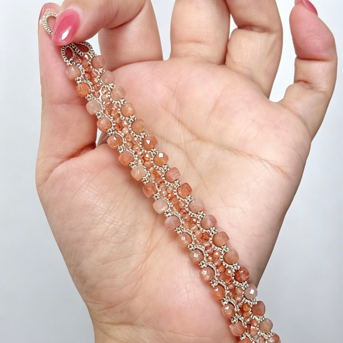 Handmade lace tatting beaded bracelet with natural gemstone beads