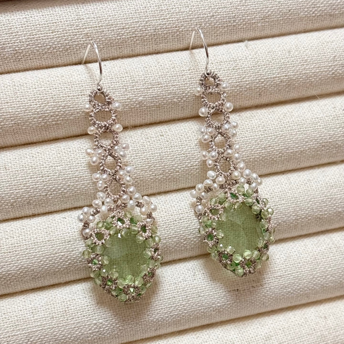 Handmade lace tatting beaded earrings with dongzhou diamond,natural freshwater pearls,tourmaline,peridot,s925 silver hooks