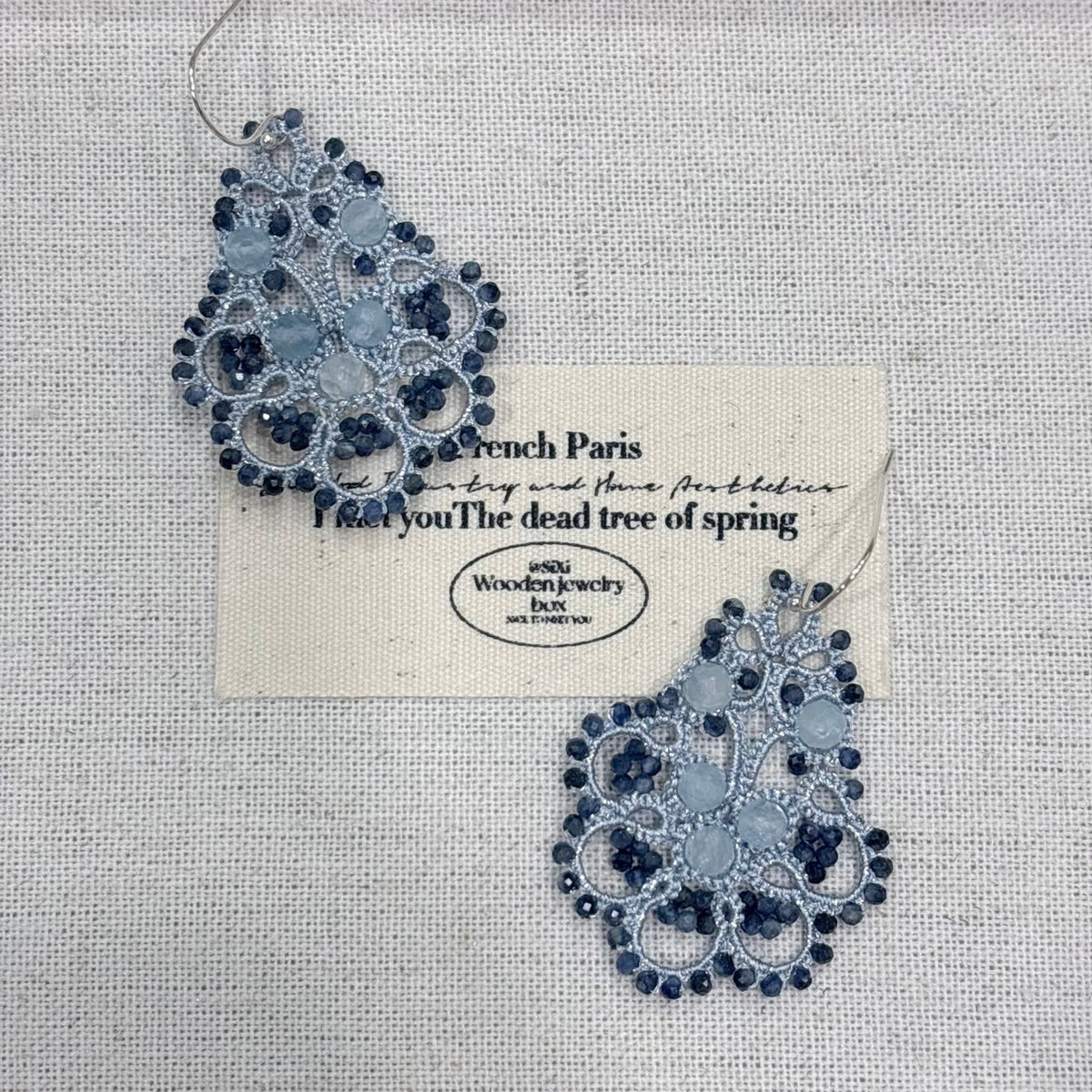 Handmade lace tatting beaded earrings with natural gemstone aquamarine,sapphire,s925 silver hooks