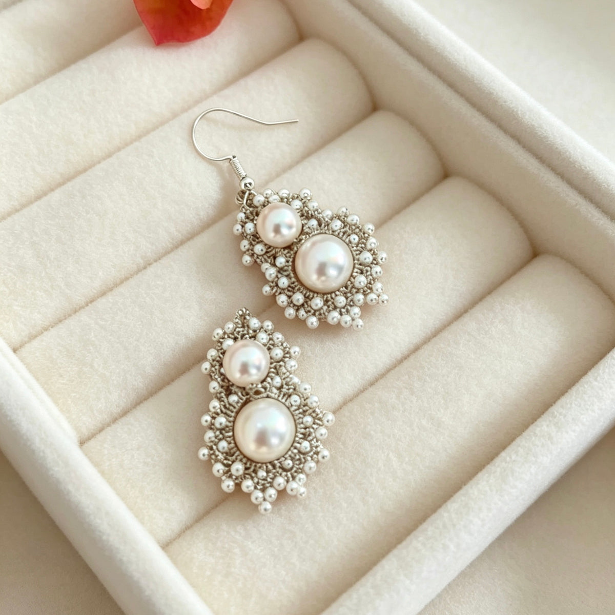 Handmade shuttle tatting earrings with swarovski pearls,seed beads,s925 silver hooks