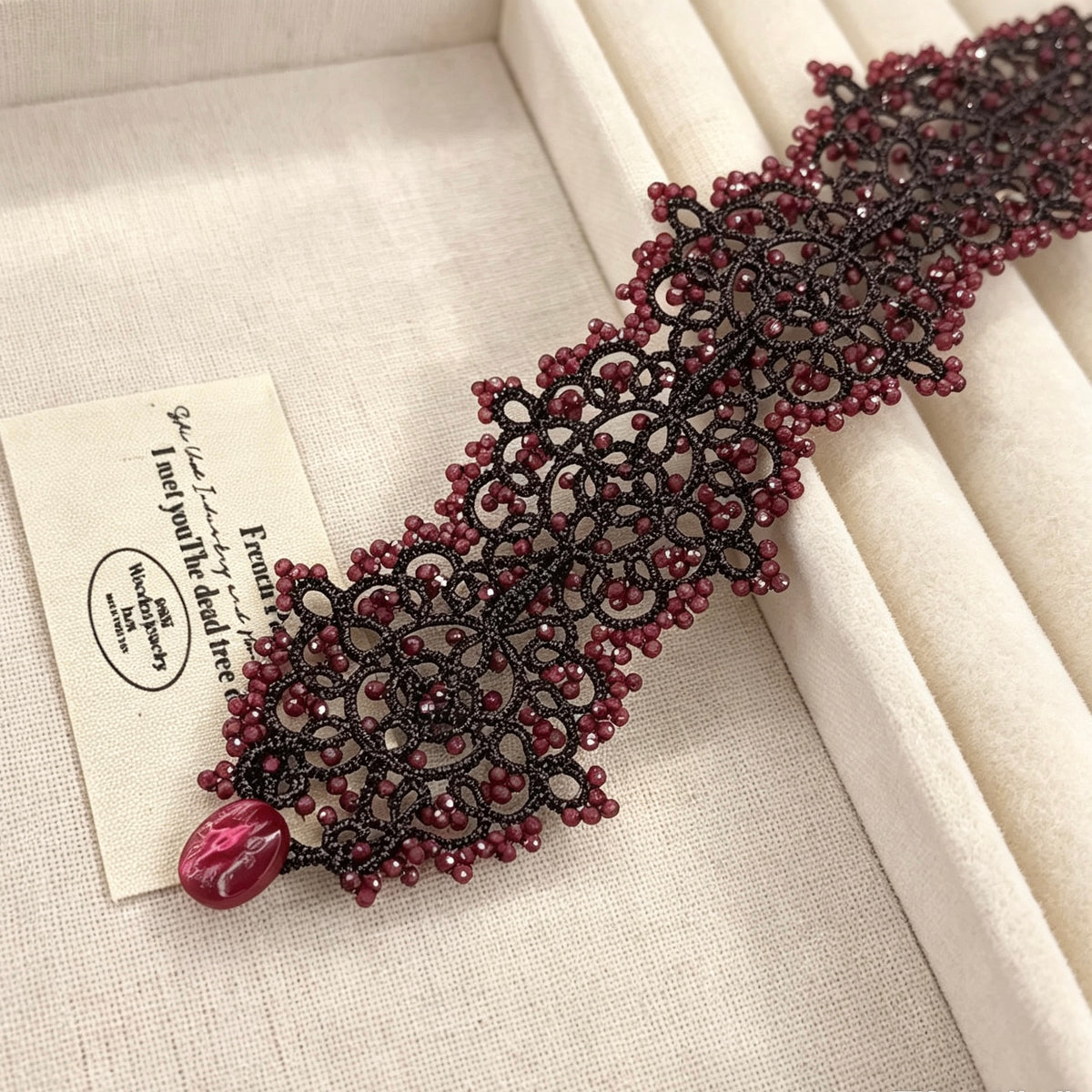 Handmade lace tatting beaded bracelet with natural gemstone garnet beads