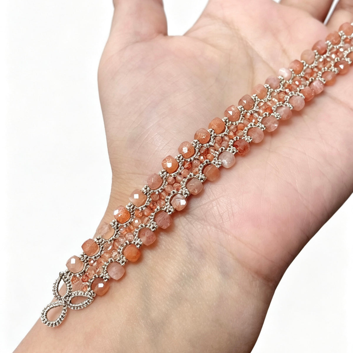 Handmade lace tatting beaded bracelet with natural gemstone beads