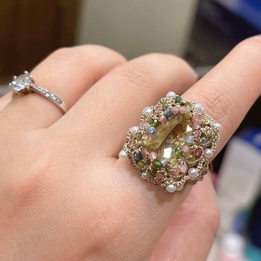Handmade shuttle tatting beaded ring with natural tourmaline,freshwater pearls,zircon