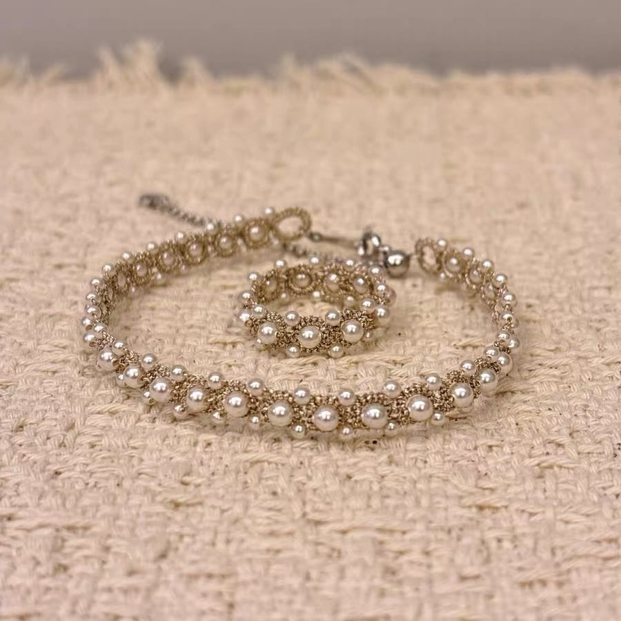 Handmade lace tatting beaded ring+bracelet with Swarovski pearls