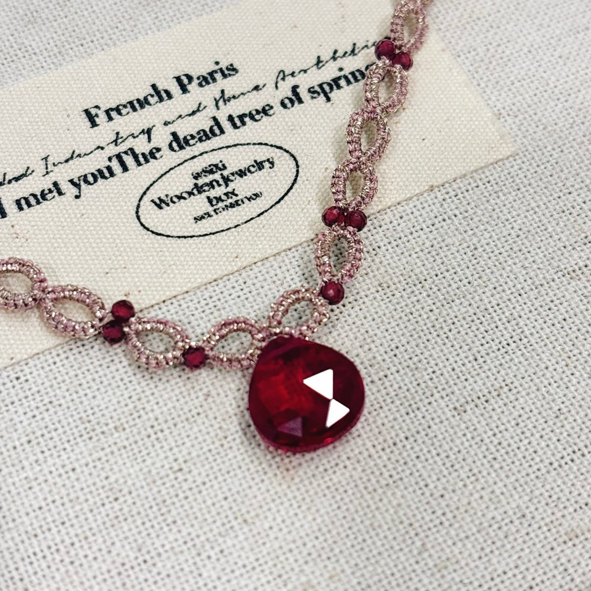 Handmade lace tatting beaded pendant necklace with natural gemstone garnet,ruby