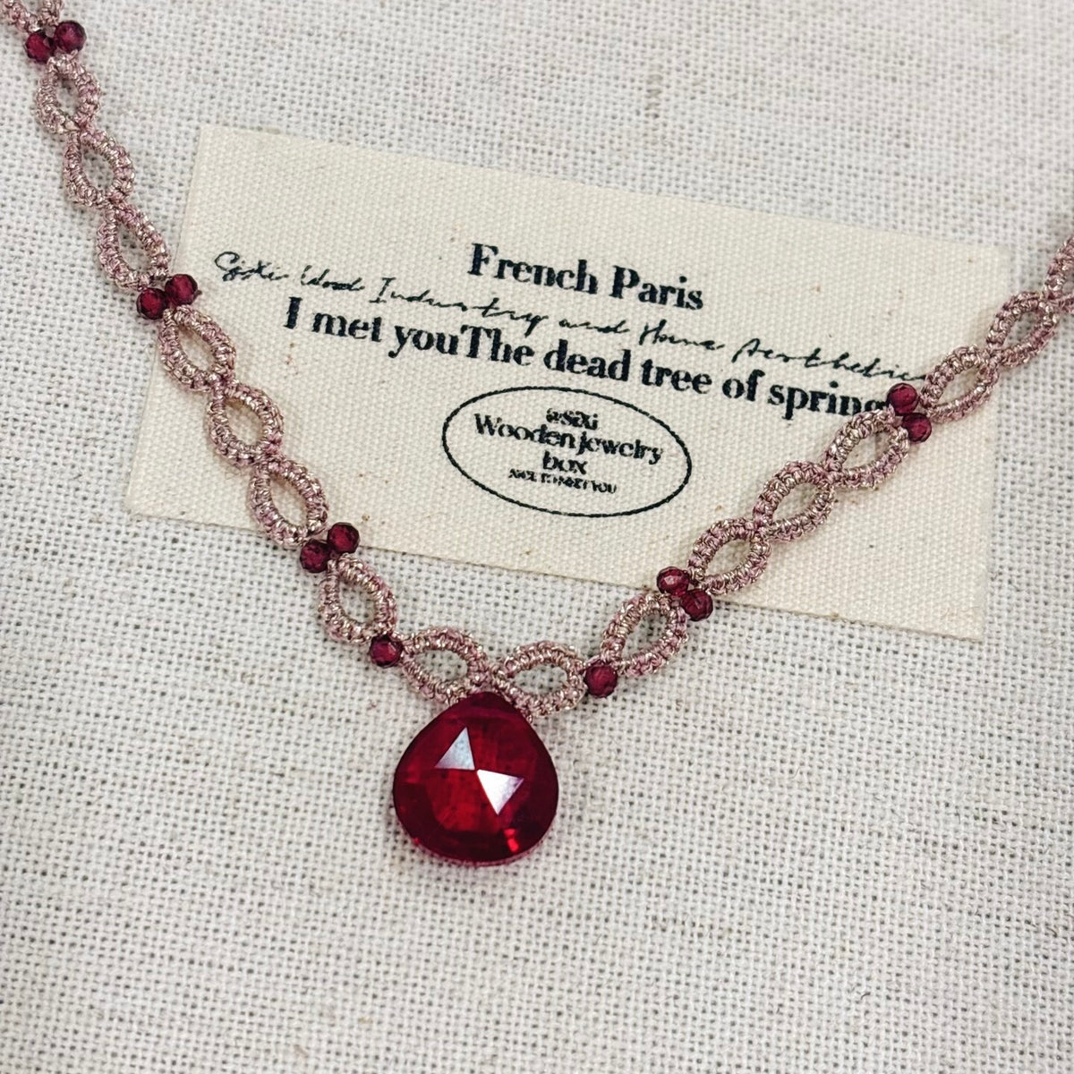 Handmade lace tatting beaded pendant necklace with natural gemstone garnet,ruby
