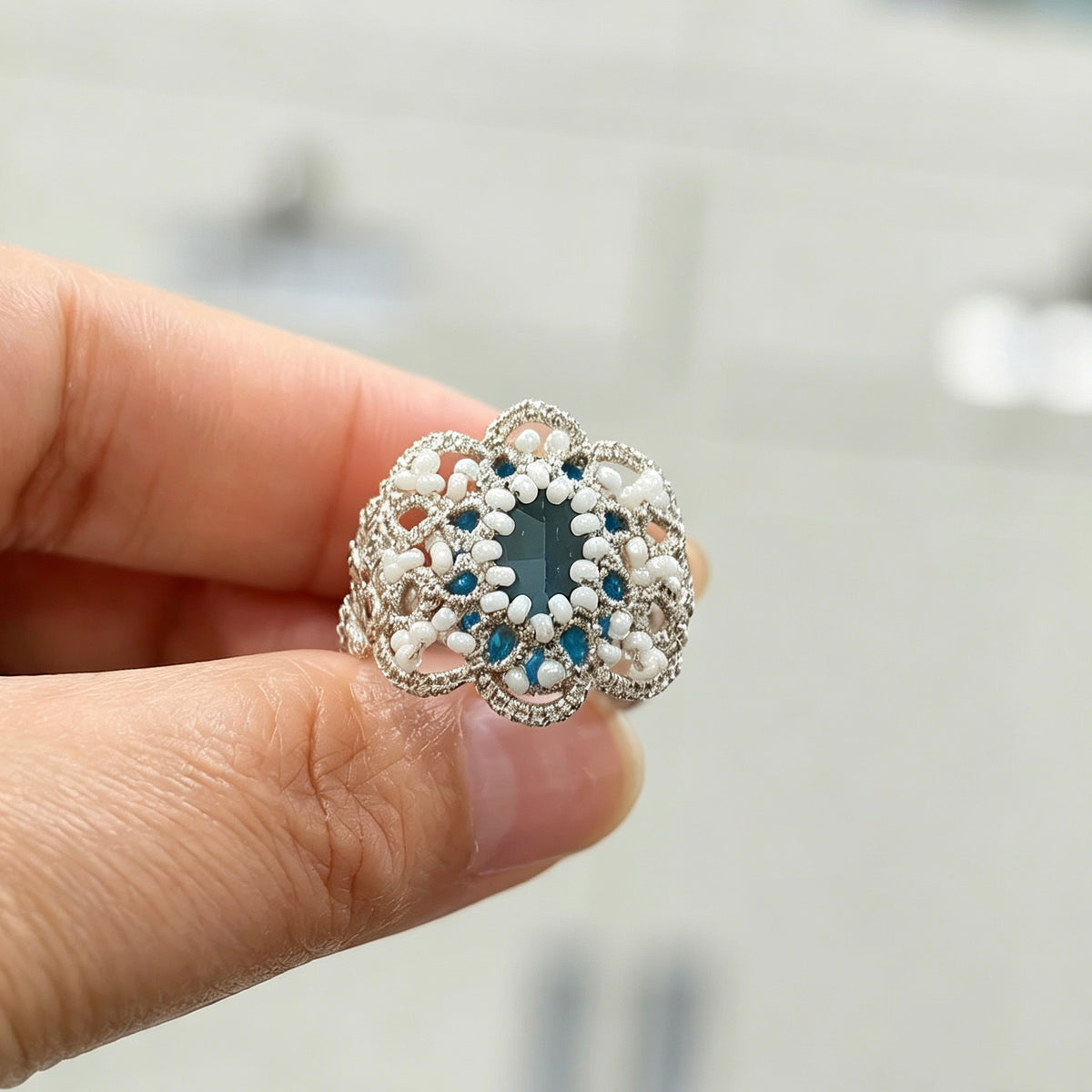 Handmade lace tatting beaded rings with diamond,seed beads,natural gemstones