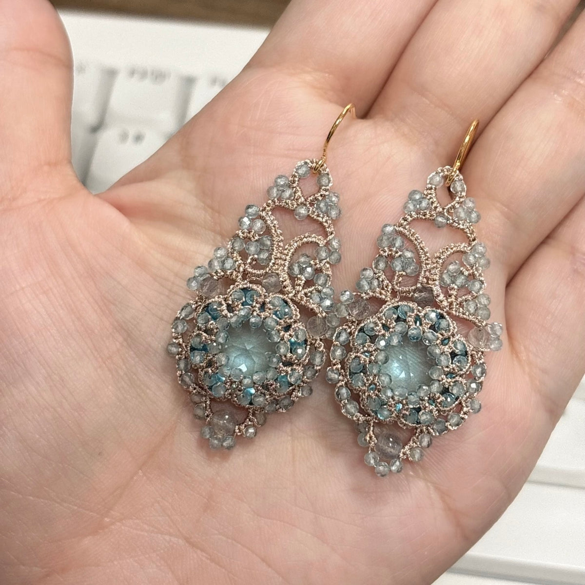 Handmade lace tatting beaded earrings with dongzhou diamond,natural gemstone beads,s925 silver hooks