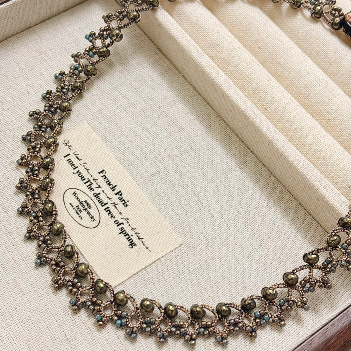Handmade lace tatting beaded necklace with baroque imitation pearls,seed beads