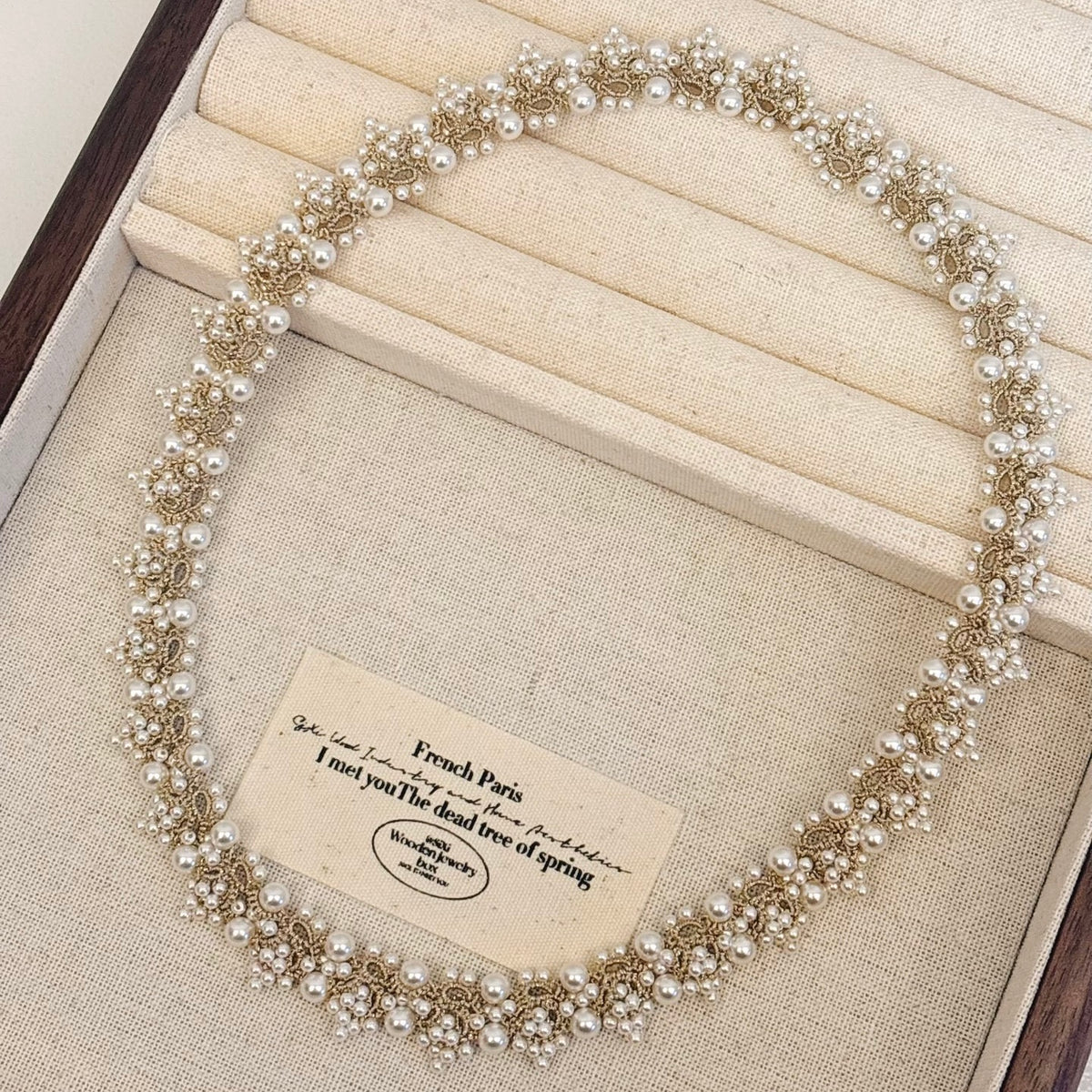 Handmade lace tatting beaded necklace with swarovski pearls