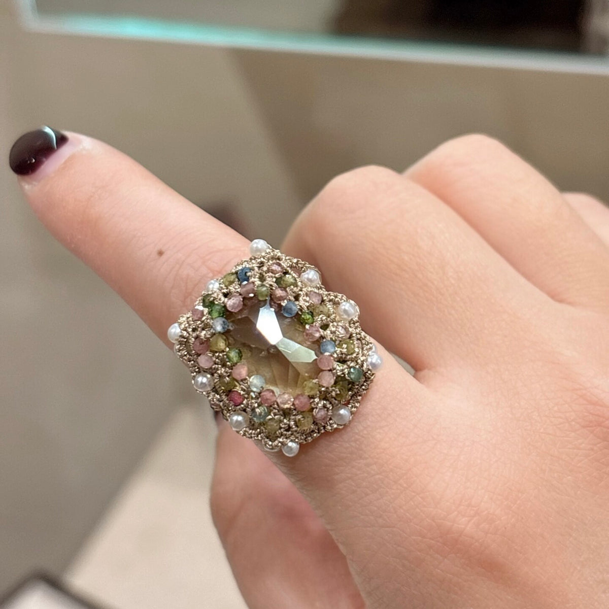 Handmade shuttle tatting beaded ring with natural tourmaline,freshwater pearls,zircon