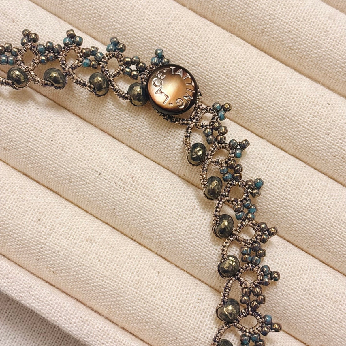 Handmade lace tatting beaded necklace with baroque imitation pearls,seed beads