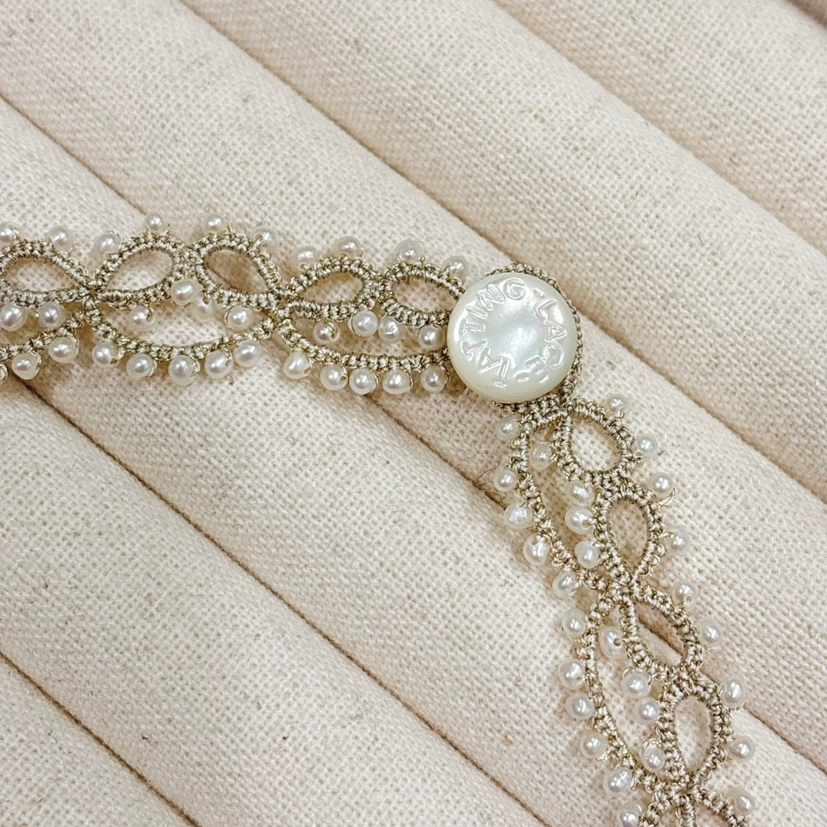 Handmade lace tatting beaded necklace with natural freshwater pearls