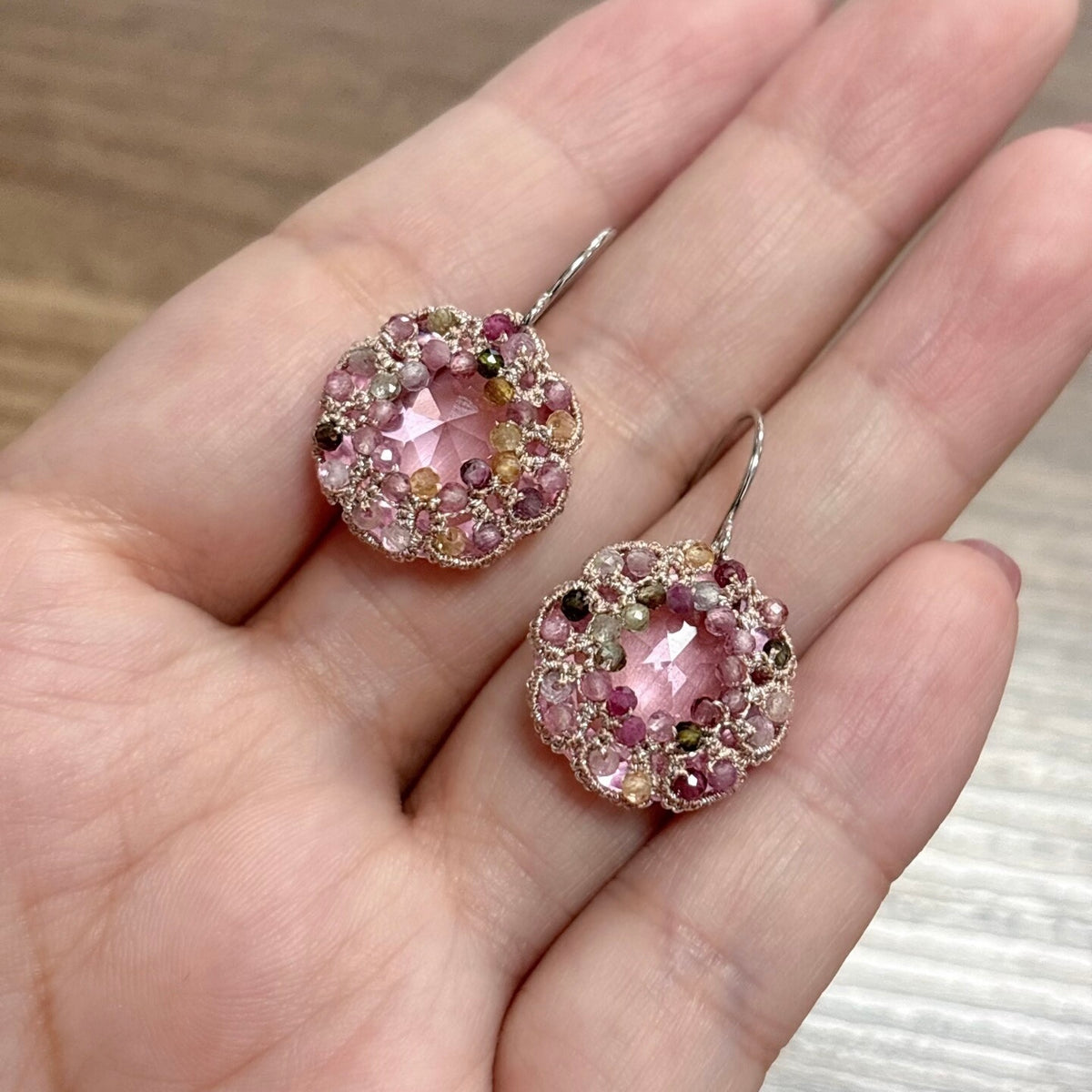 Handmade lace tatting beaded earrings with natural gemstone tourmaline beads,dongzhou diamond,s925 silver hooks