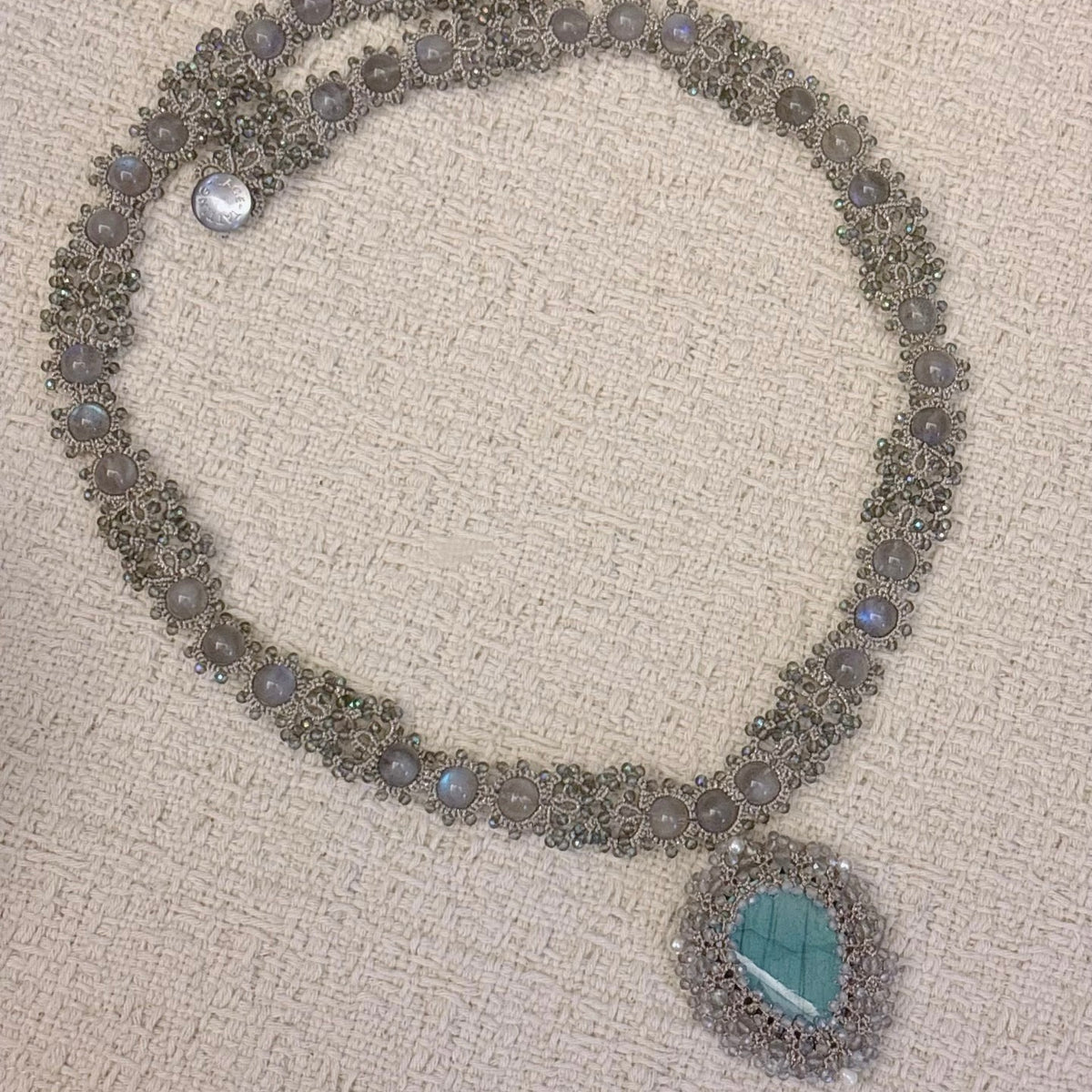 Handmade lace tatting beaded long pendant necklace with natural gemstone labradorite,aquamarine,swarovski pearls
