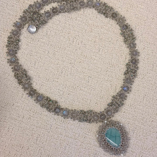 Handmade lace tatting beaded long pendant necklace with natural gemstone labradorite,aquamarine,swarovski pearls