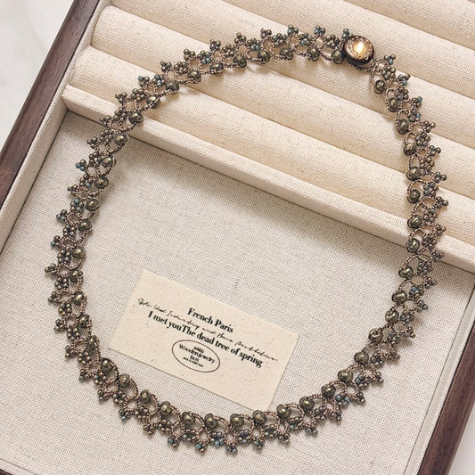 Handmade lace tatting beaded necklace with baroque imitation pearls,seed beads