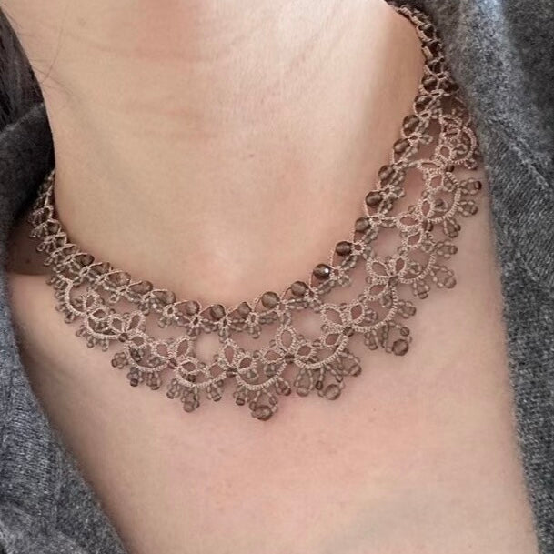 Handmade lace tatting beaded necklace with natural gemstone obsidian