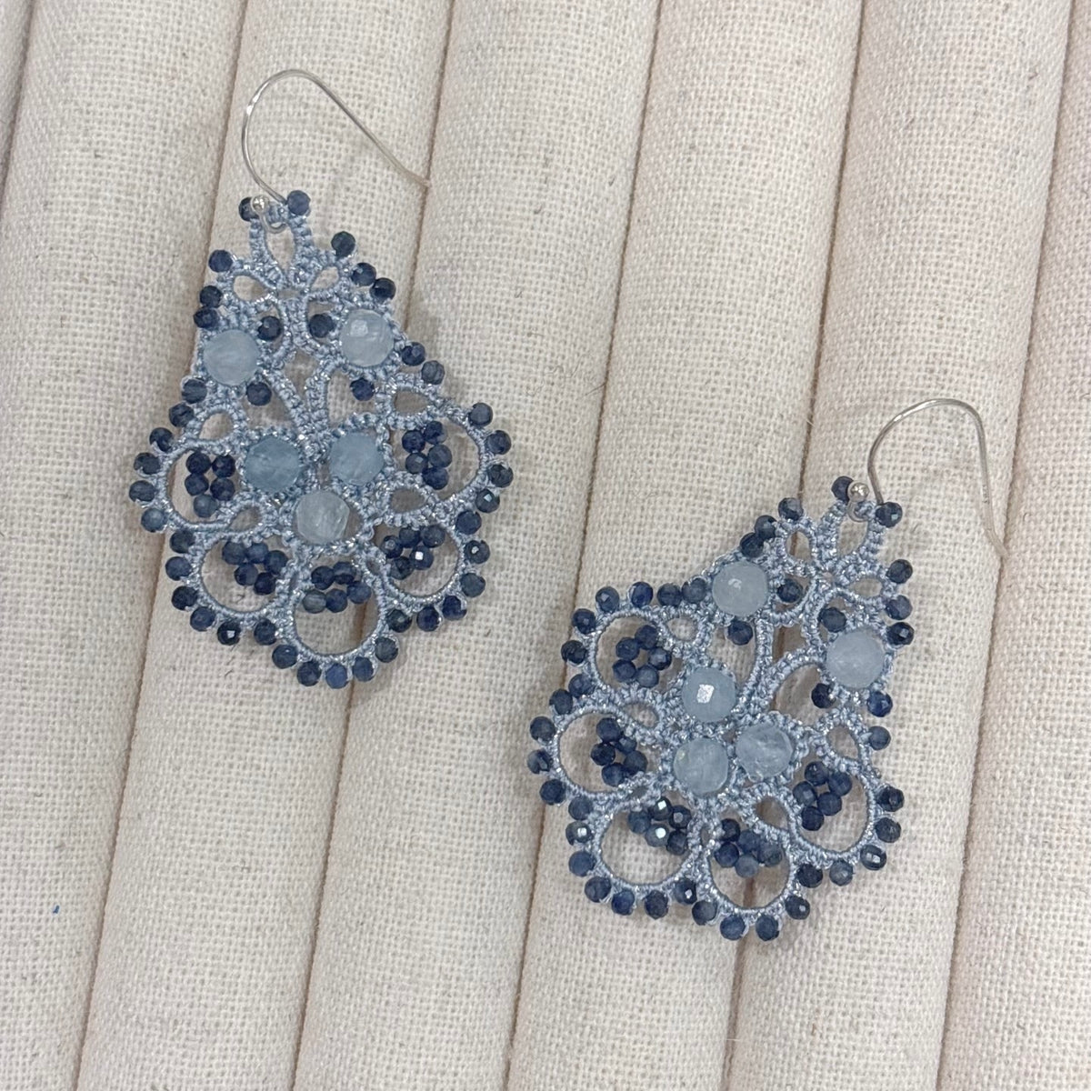 Handmade lace tatting beaded earrings with natural gemstone aquamarine,sapphire,s925 silver hooks
